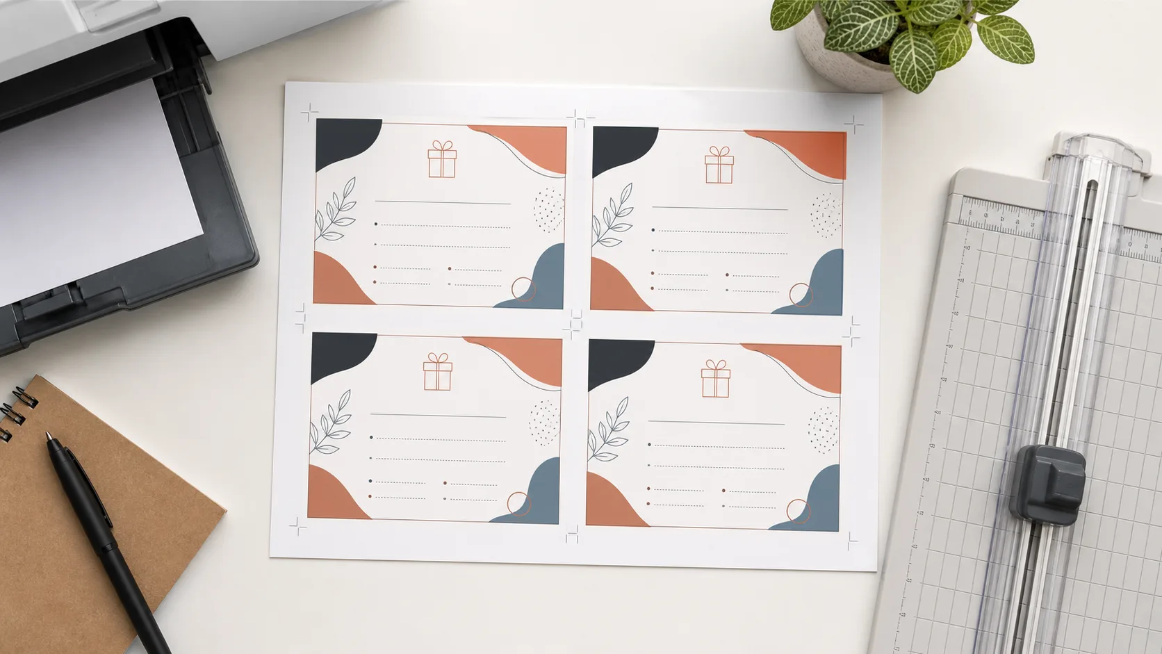 Four generic gift certificates arranged on one printable sheet with crop marks beside a paper cutter
