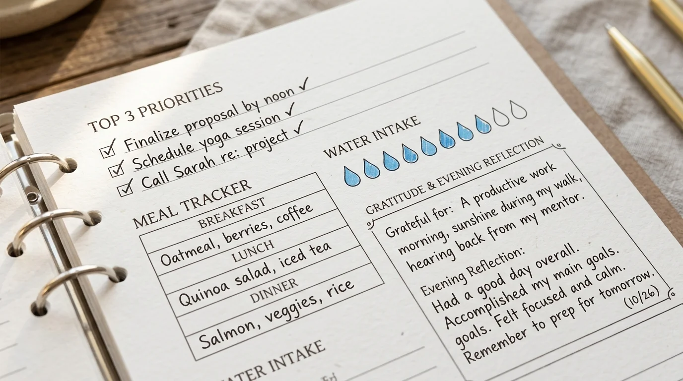 Illustration of daily planner printable module toggles for to-do, meals, water and gratitude