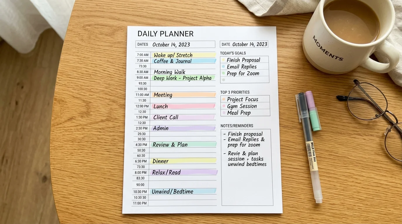 Preview of a daily planner printable page with an hourly schedule column and a module sidebar
