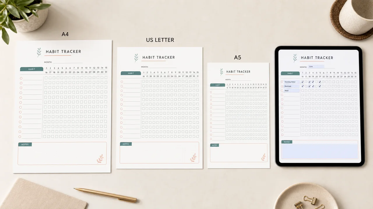 Habit tracker printable in A4 Letter and A5 beside a fillable PDF on a tablet