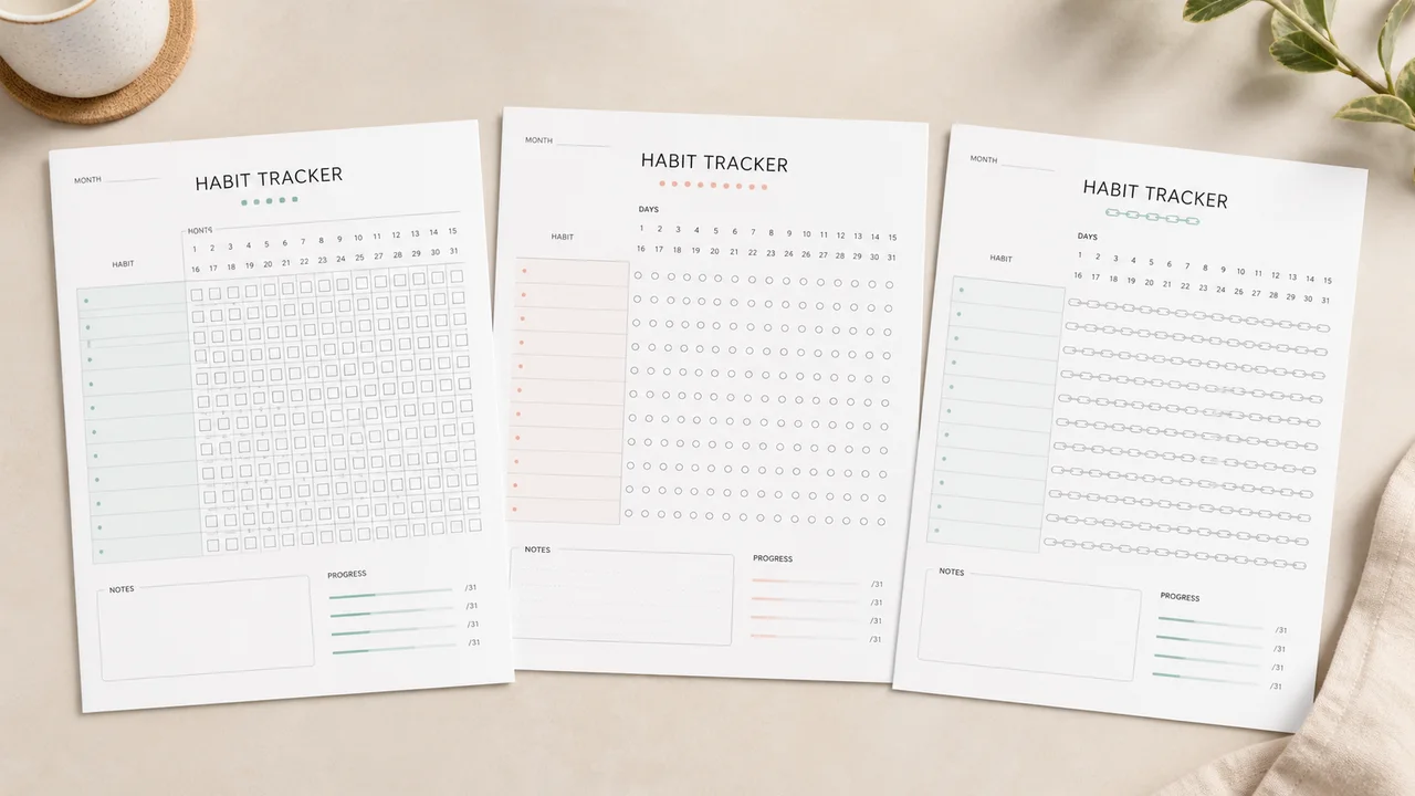 Three habit tracker printable pages using square, dot and streak layouts