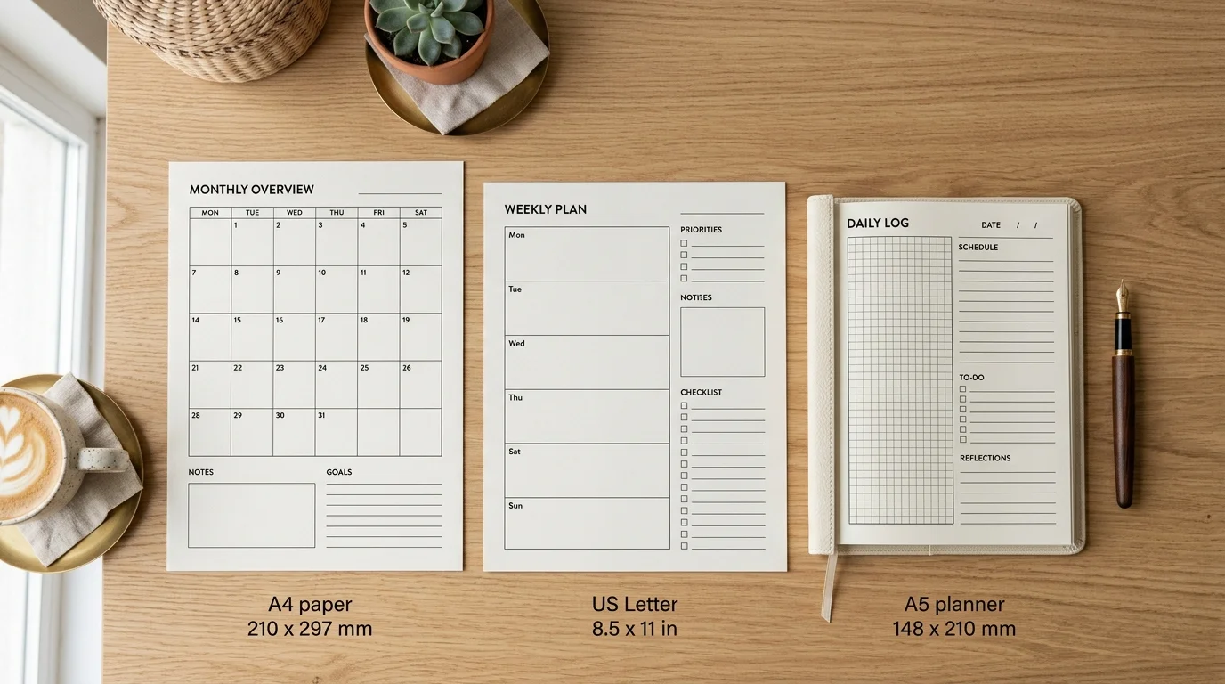 Illustration showing free printable planners exported at A4, Letter and A5 paper sizes
