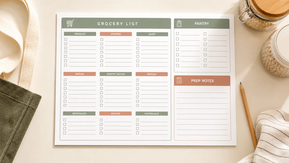 Meal planner printable with grocery checklist, pantry inventory checkboxes and meal prep notes