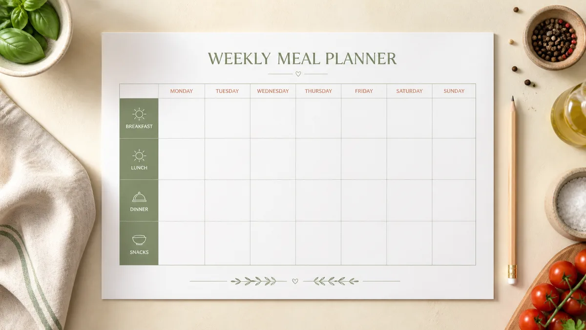 Meal planner printable with seven day columns and breakfast, lunch, dinner and snack rows