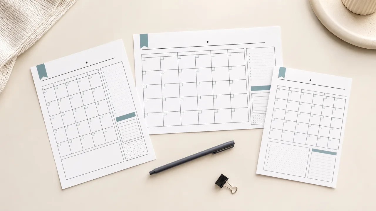 Three monthly planner printable sheets in landscape, portrait and A5 formats