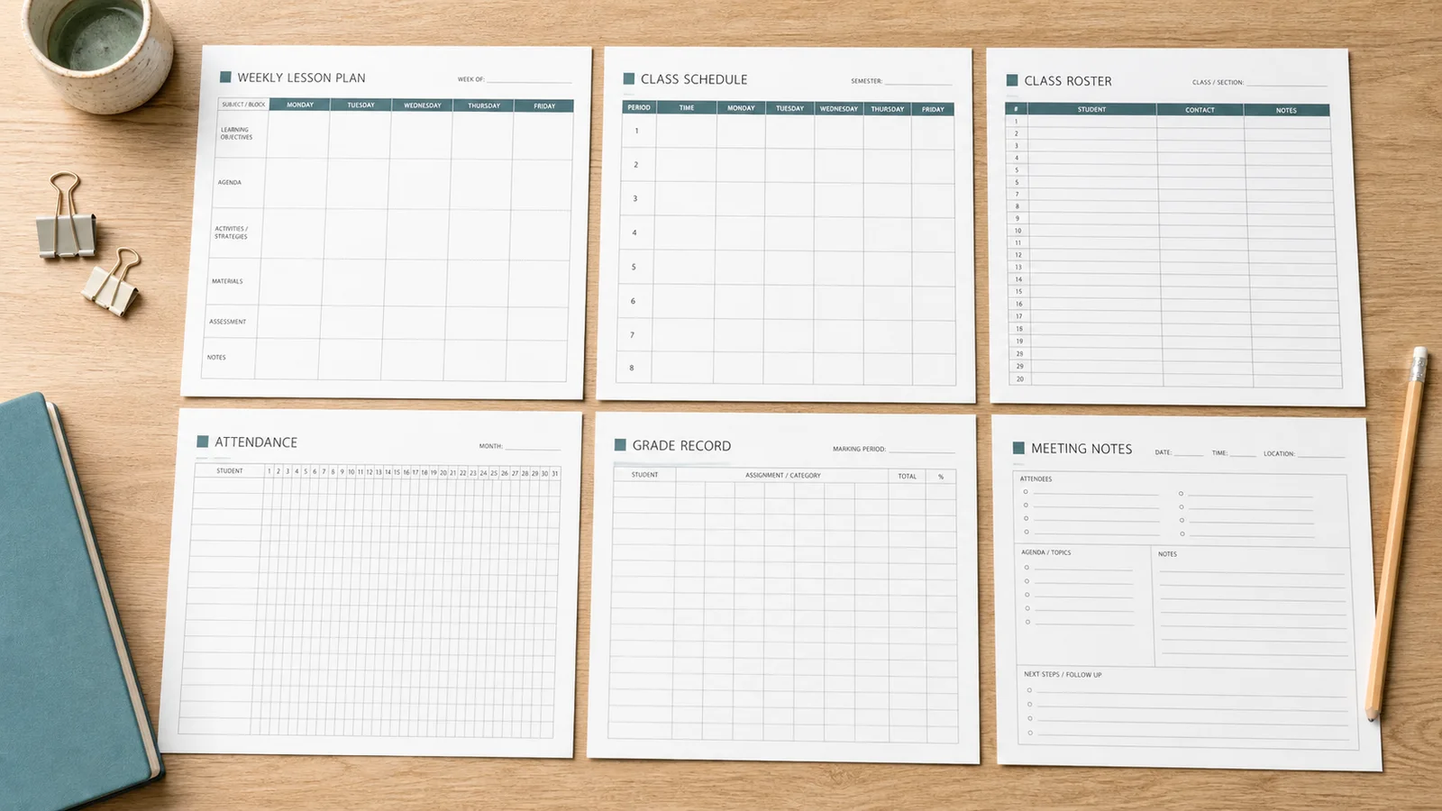 Coordinated teacher planner printable pages for weekly lessons, schedule, roster, attendance, grade records and meetings