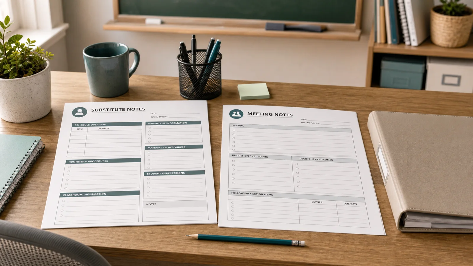 Blank substitute notes and meeting notes beside a teacher binder in a classroom