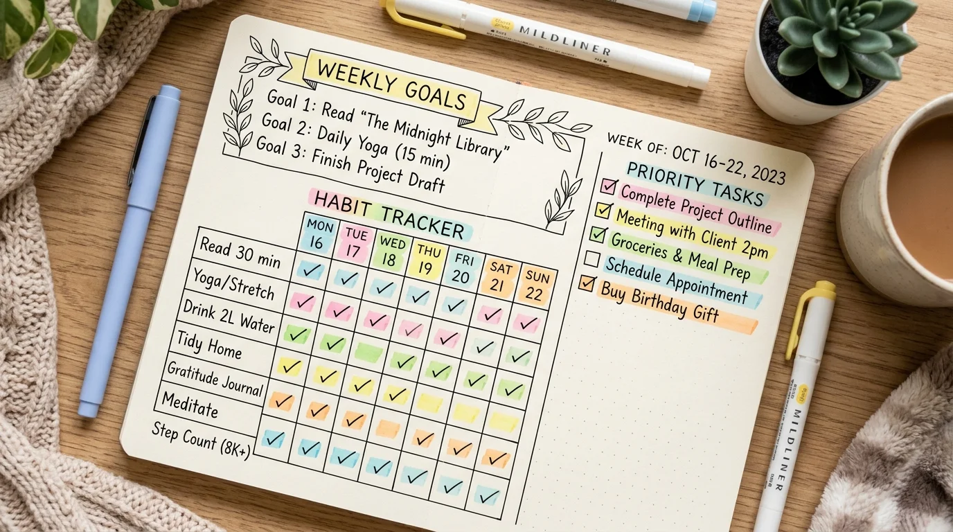 Illustration of a weekly planner printable with a habit tracker grid and weekly goals banner