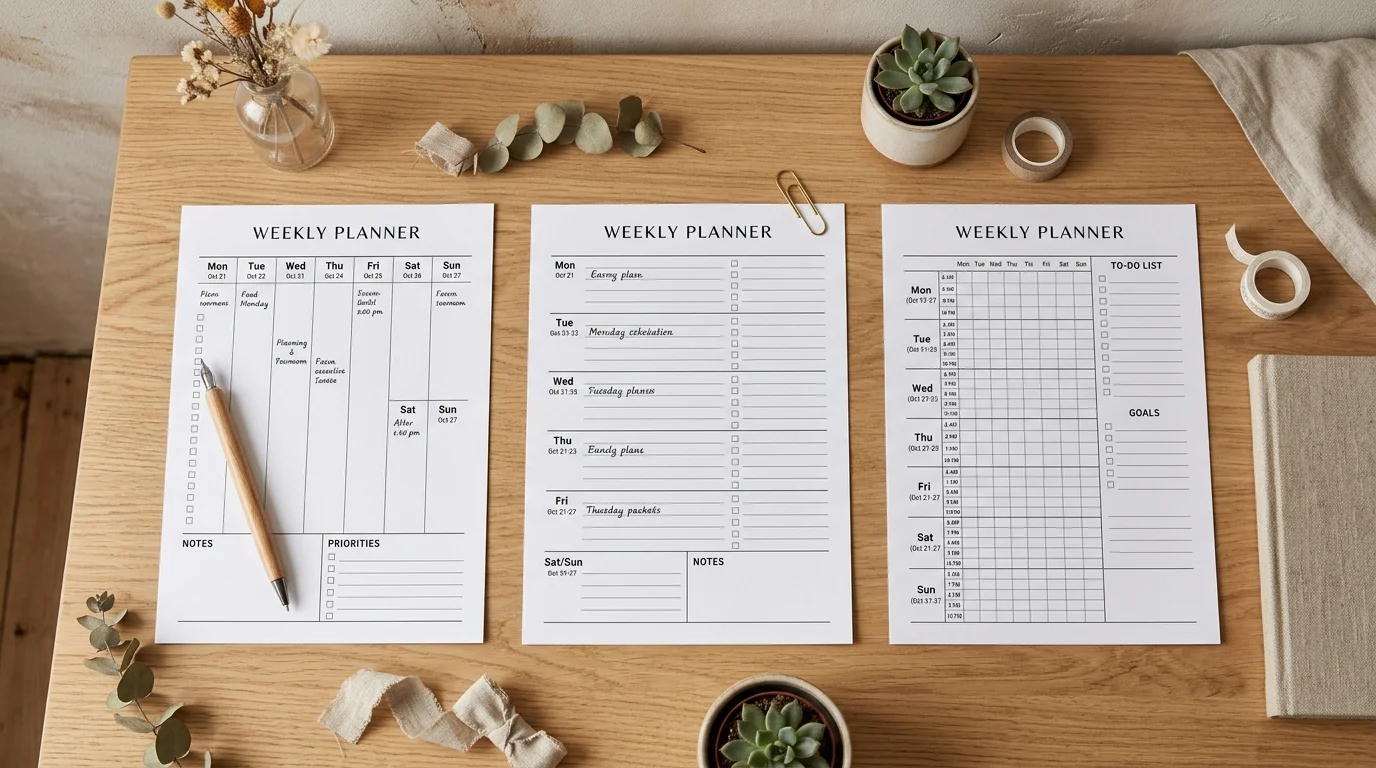 Preview comparing 7-day column, stacked and hourly timeline weekly planner printable layouts