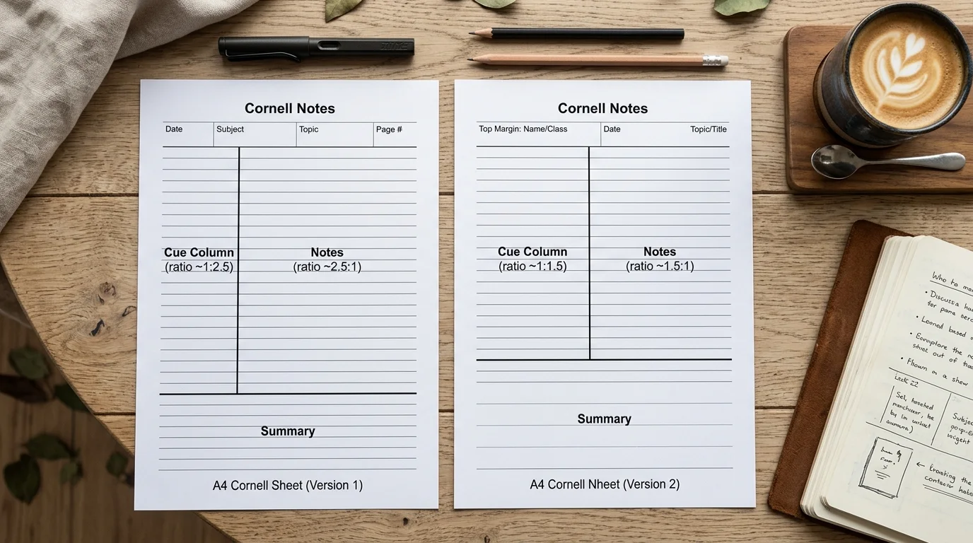 A printed Cornell notes page with zone labels and a name and date header row