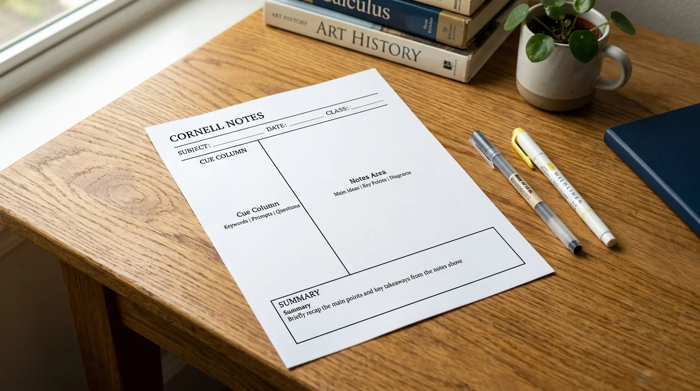 A Cornell notes template showing the cue column, note area and summary band with their measurements marked