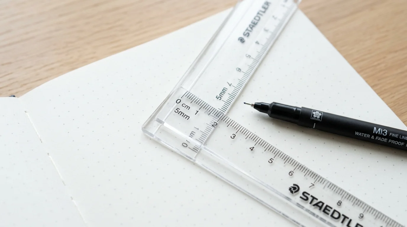 A ruler laid across printed dot grid paper showing that ten dots span exactly fifty millimetres