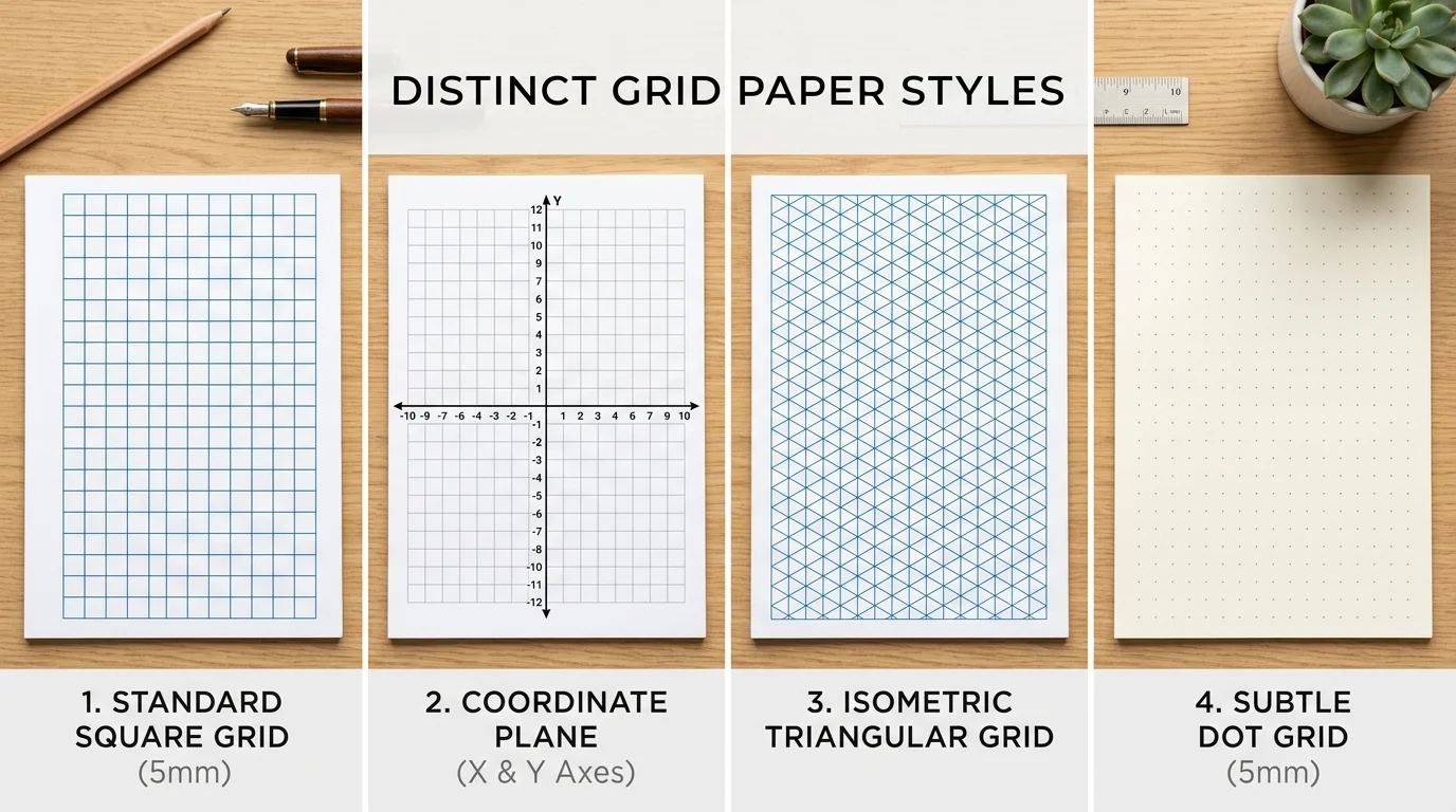 Four printable graph paper grids shown side by side: square, coordinate, isometric and dot