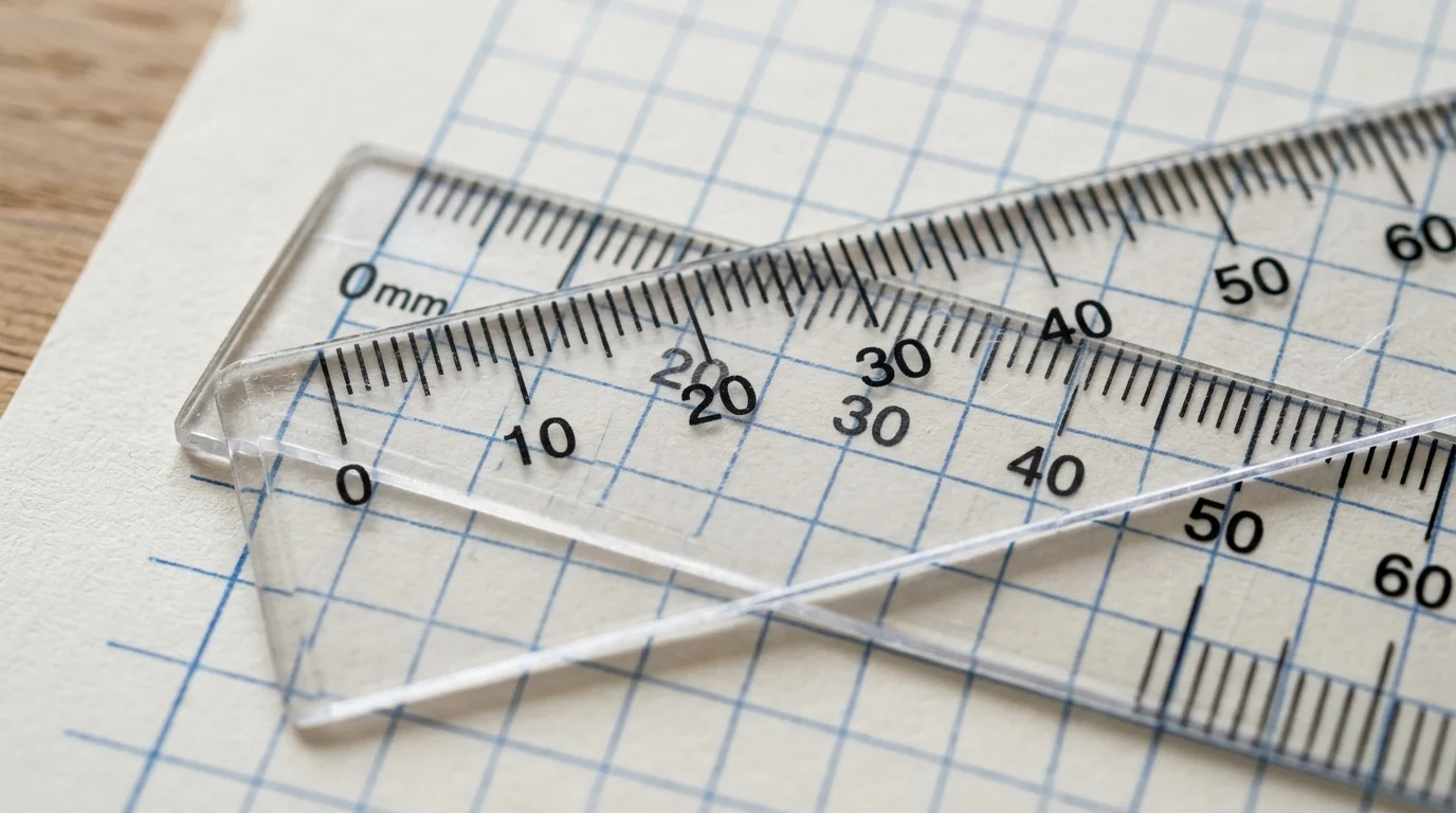 A ruler laid across printed graph paper confirming that ten five-millimetre squares span fifty millimetres