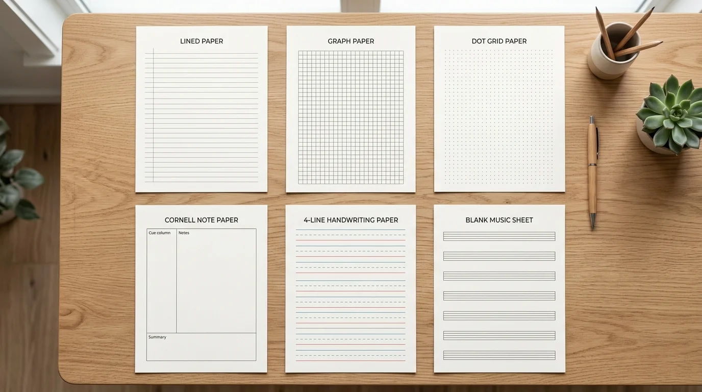 Six printable paper templates shown side by side: lined, graph, dot grid, Cornell, handwriting and staff paper
