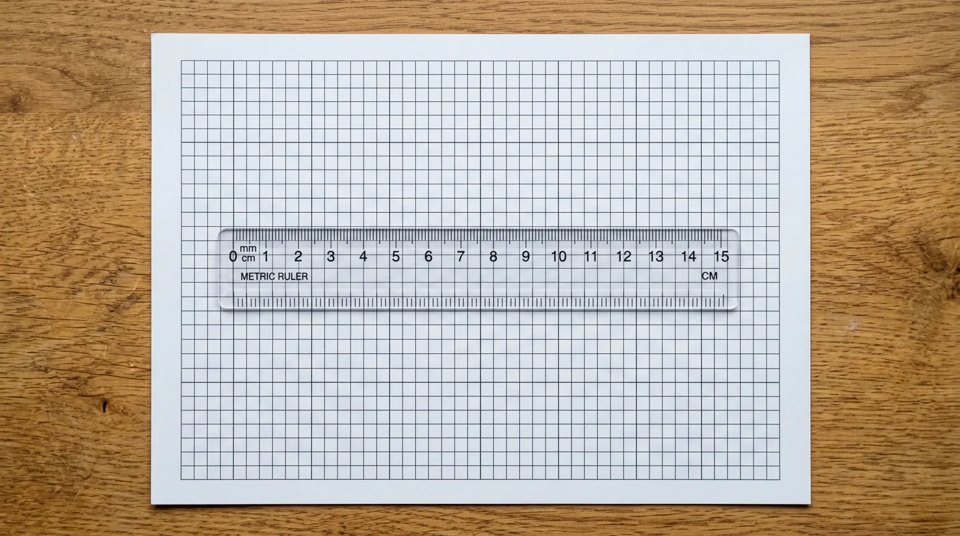 A ruler laid across printable paper showing that ten grid squares measure exactly fifty millimetres