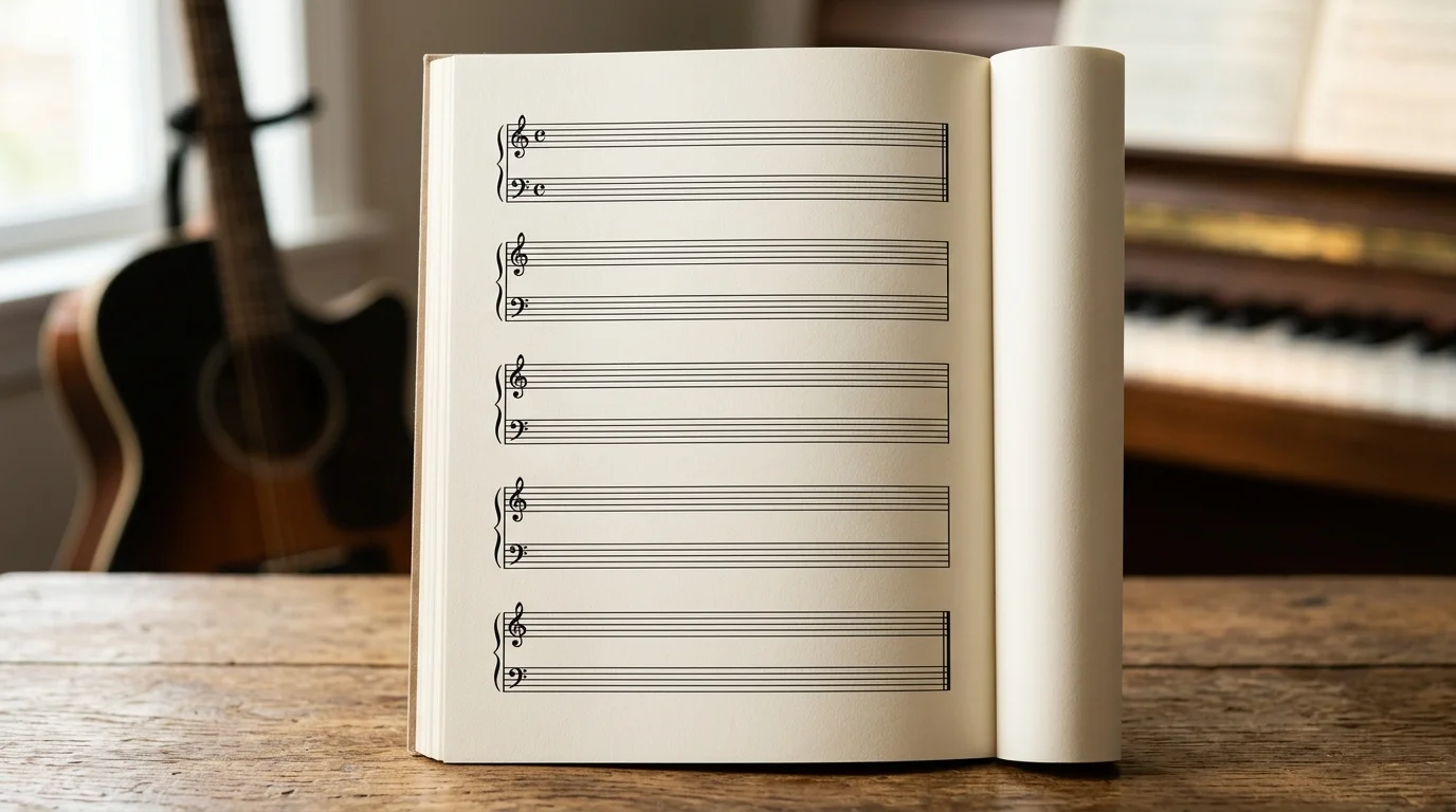 Two sheets of printable manuscript paper compared, one with six large staves and one with fourteen small staves