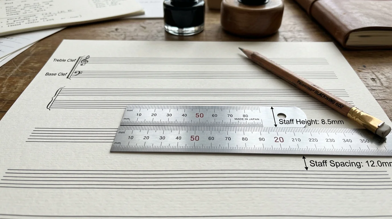 Three samples of blank sheet music compared at small, medium and large staff line spacing