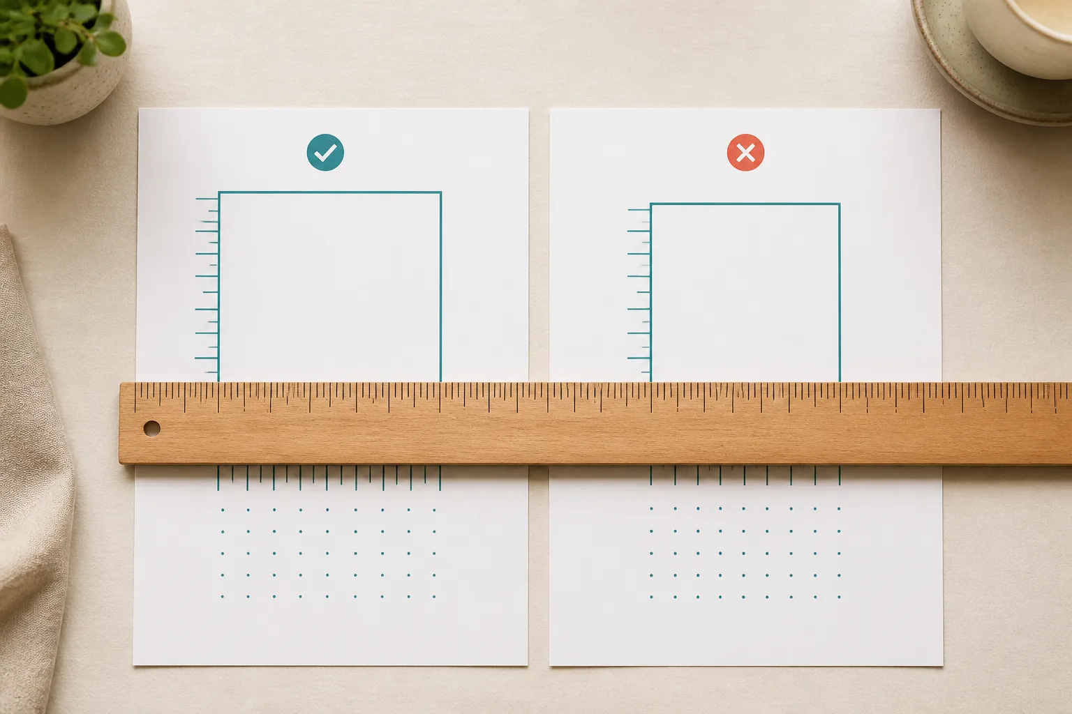 Two calibration sheets compared against a ruler to show actual size versus fit to page