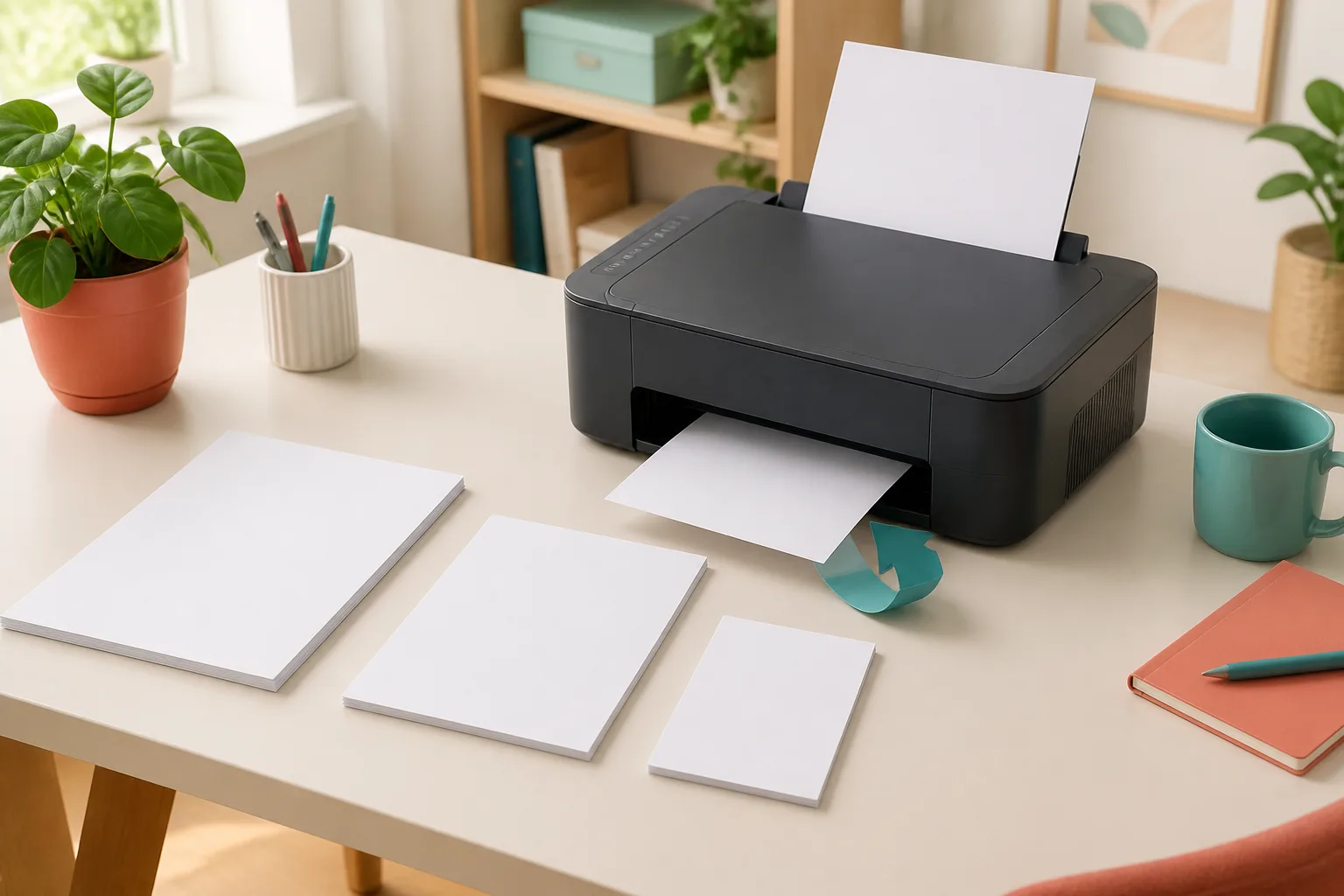 Home printer with several paper sizes and a visual cue for double-sided printing