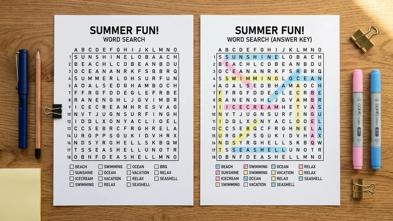 A printable puzzle page next to its matching answer page with the solutions marked