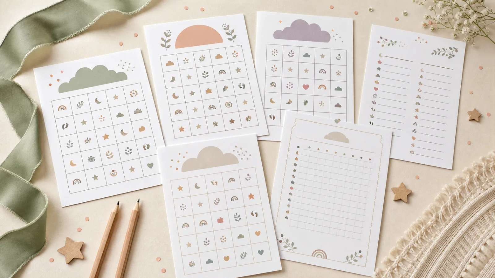 Original printable Baby Bingo cards, word scramble and host answer page arranged as a coordinated set
