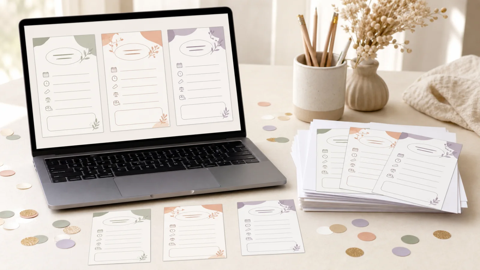 Personalized baby prediction cards shown on screen and as freshly printed copies in three colors