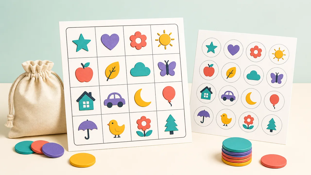 Picture bingo card beside its matching printable caller list and markers