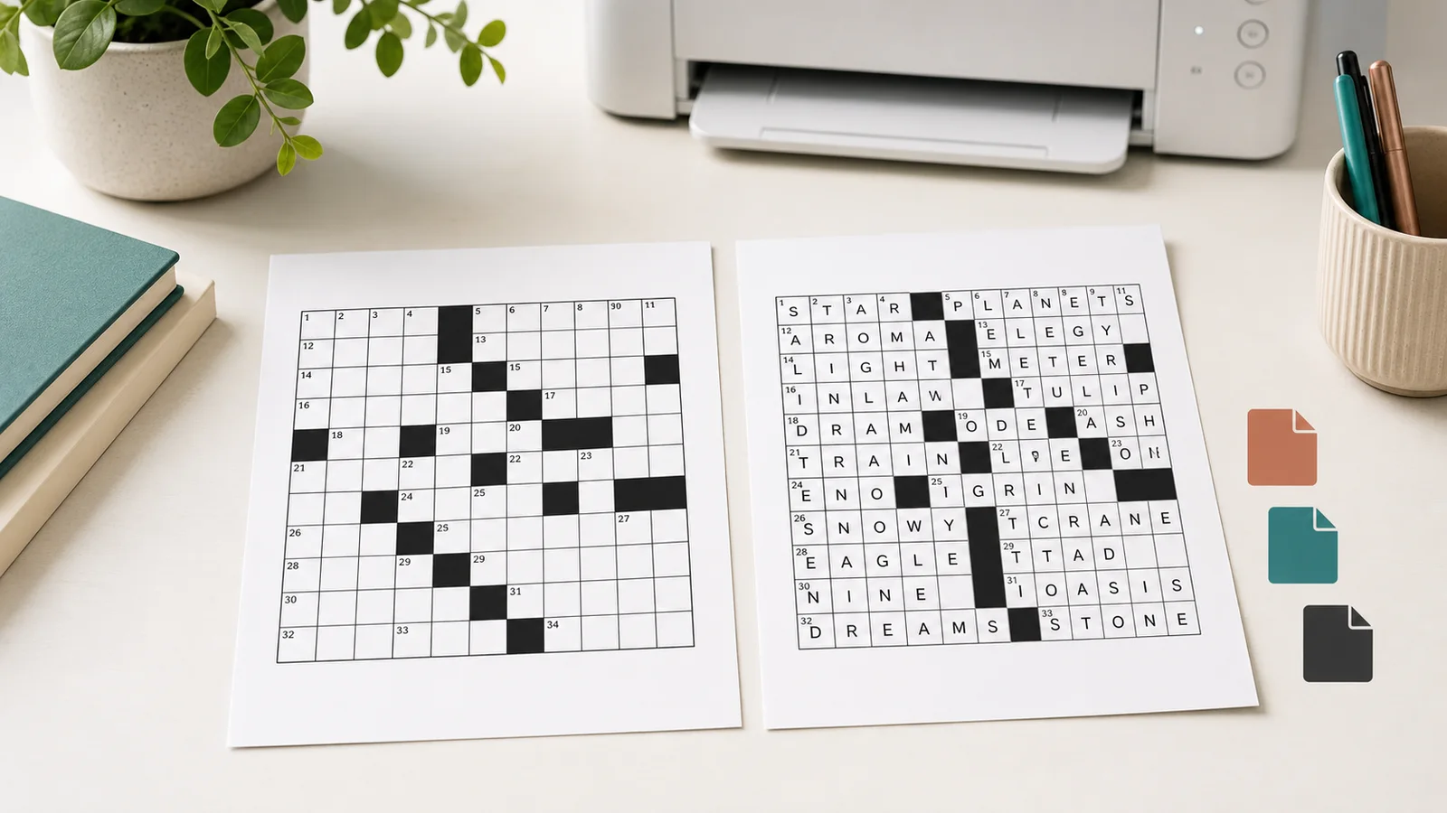 Printable crossword puzzle and matching answer page beside three export format icons