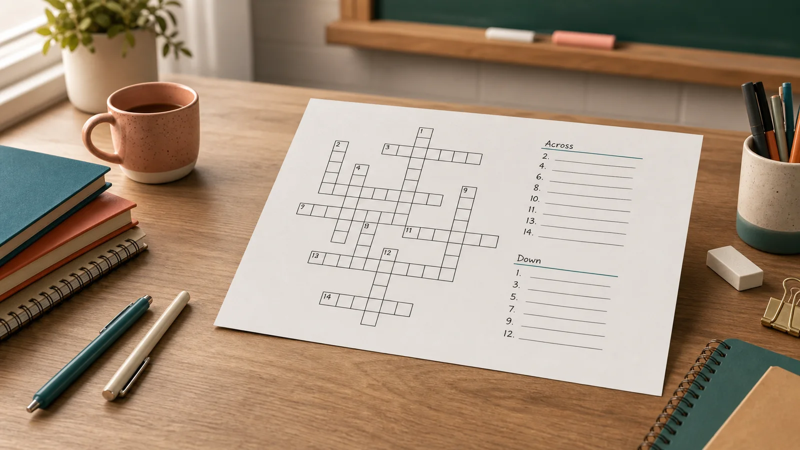 A connected numbered crossword grid arranged from a custom set of answers and clues
