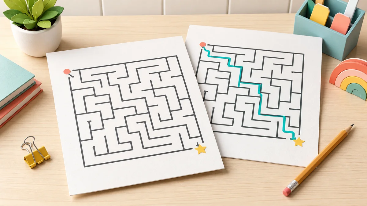 Unsolved printable maze page beside a separate answer page with the route highlighted