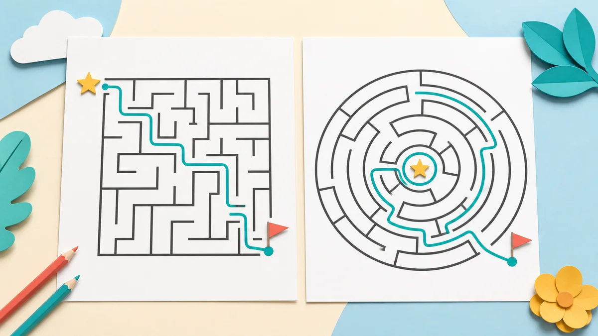 Rectangular and circular printable maze worksheets shown side by side