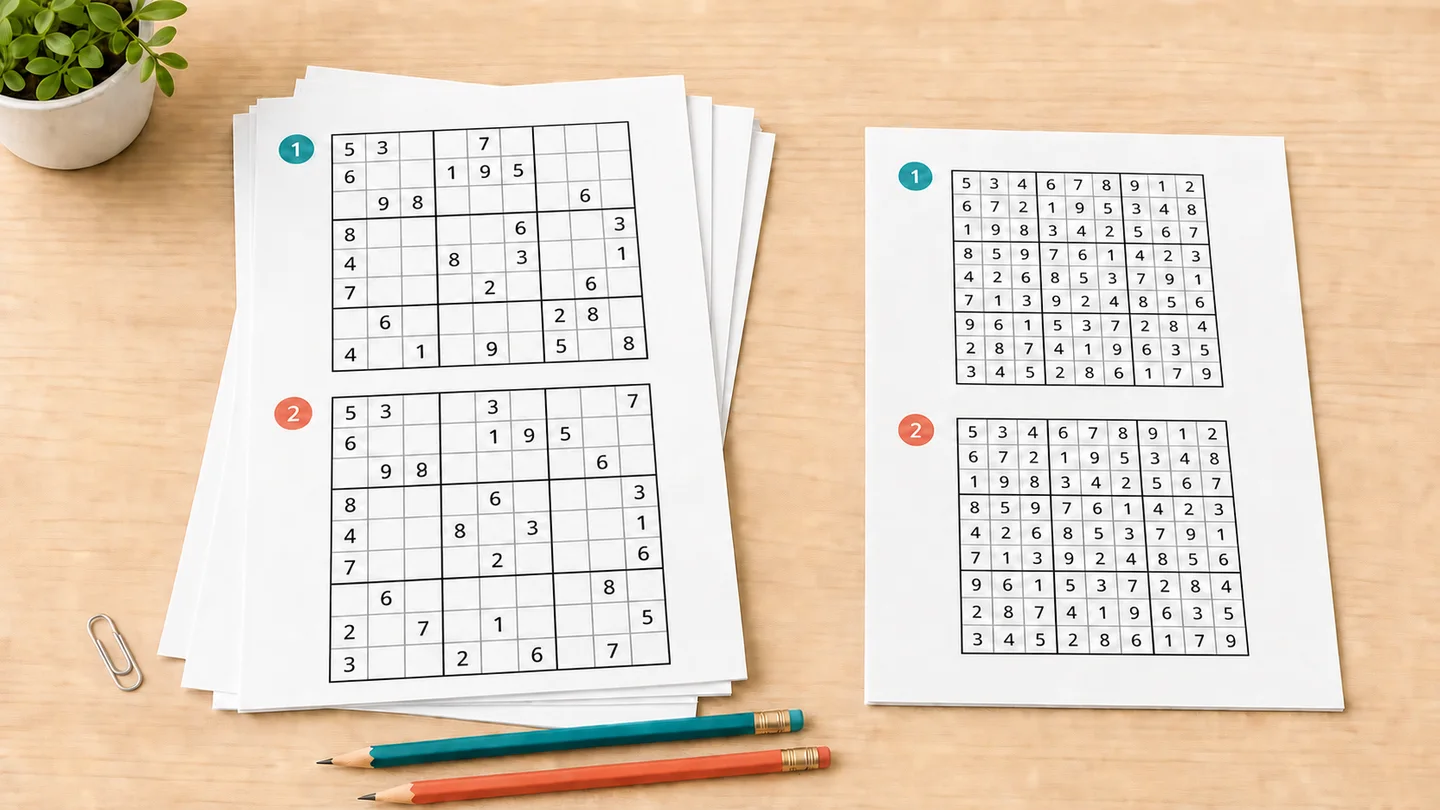 Sudoku worksheet pages beside compact numbered answer pages and pencils