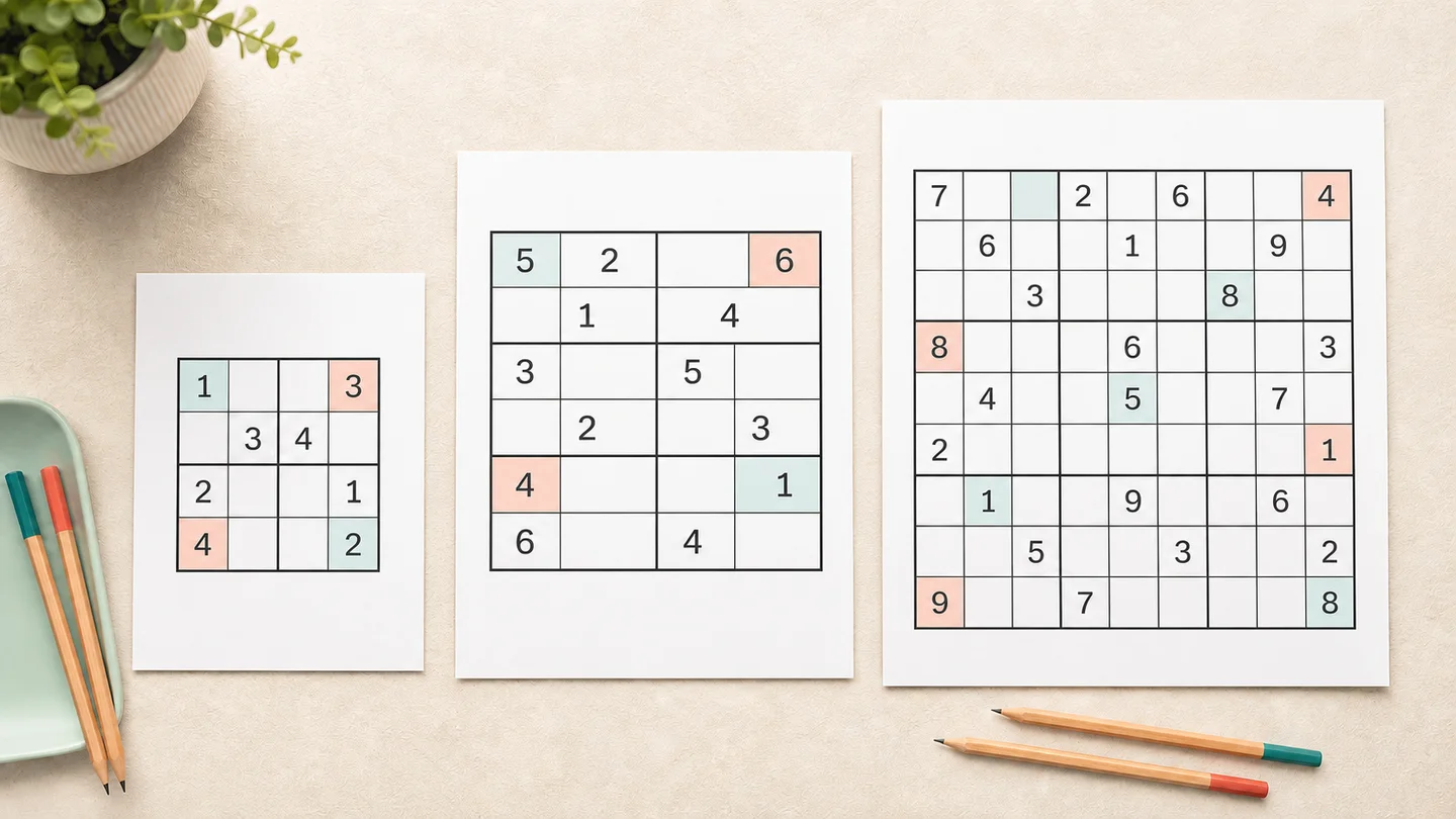 Printed 4 by 4, 6 by 6 and 9 by 9 Sudoku worksheets arranged on a desk