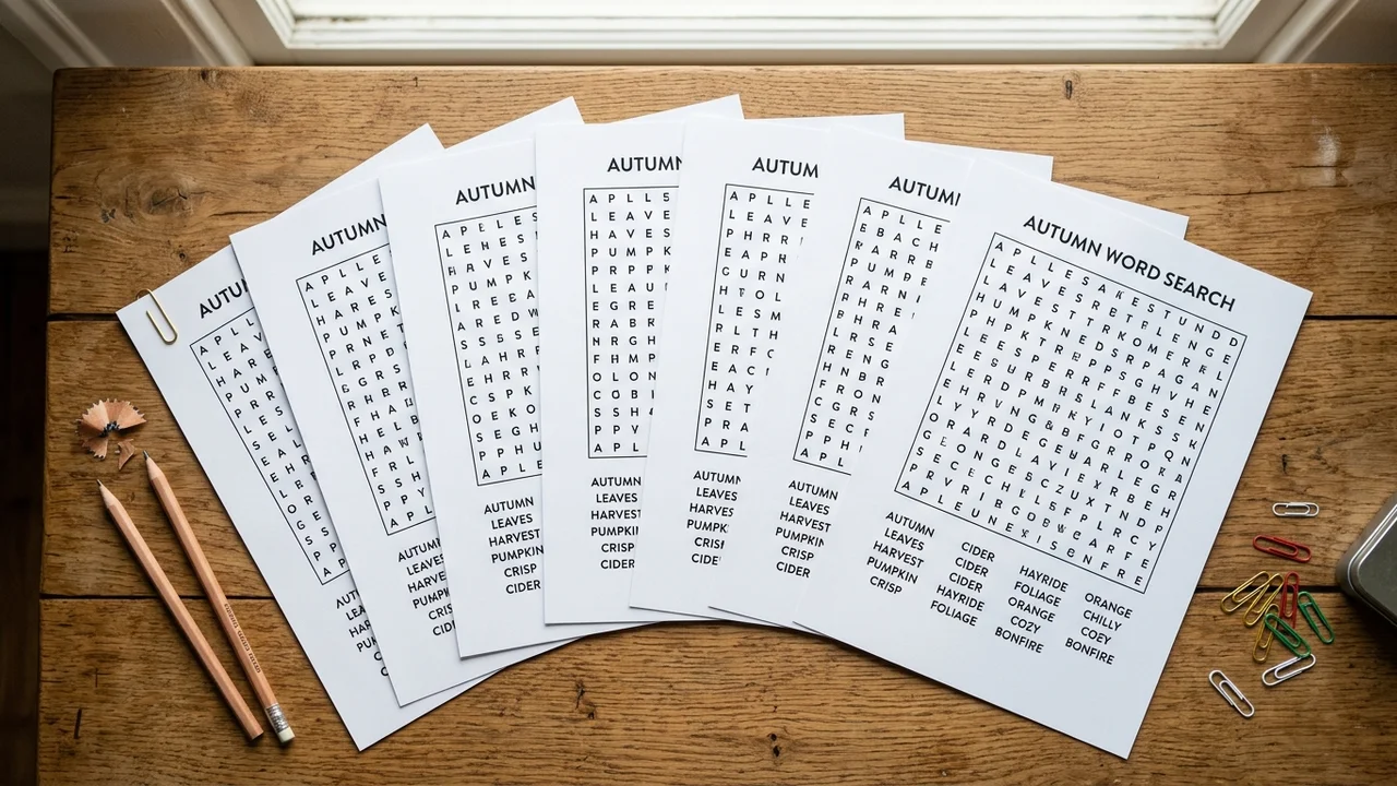 Several printable word search sheets generated from a single word list, each with a different letter grid