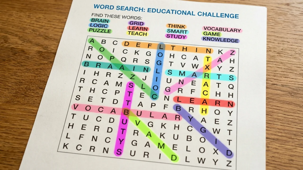 Diagram of a word search grid being scanned in eight directions to confirm each word appears exactly once