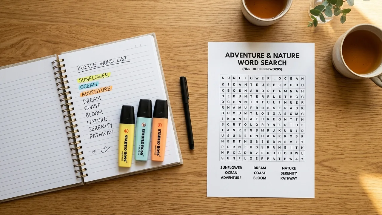 A word list on the left turning into a finished printable puzzle page on the right