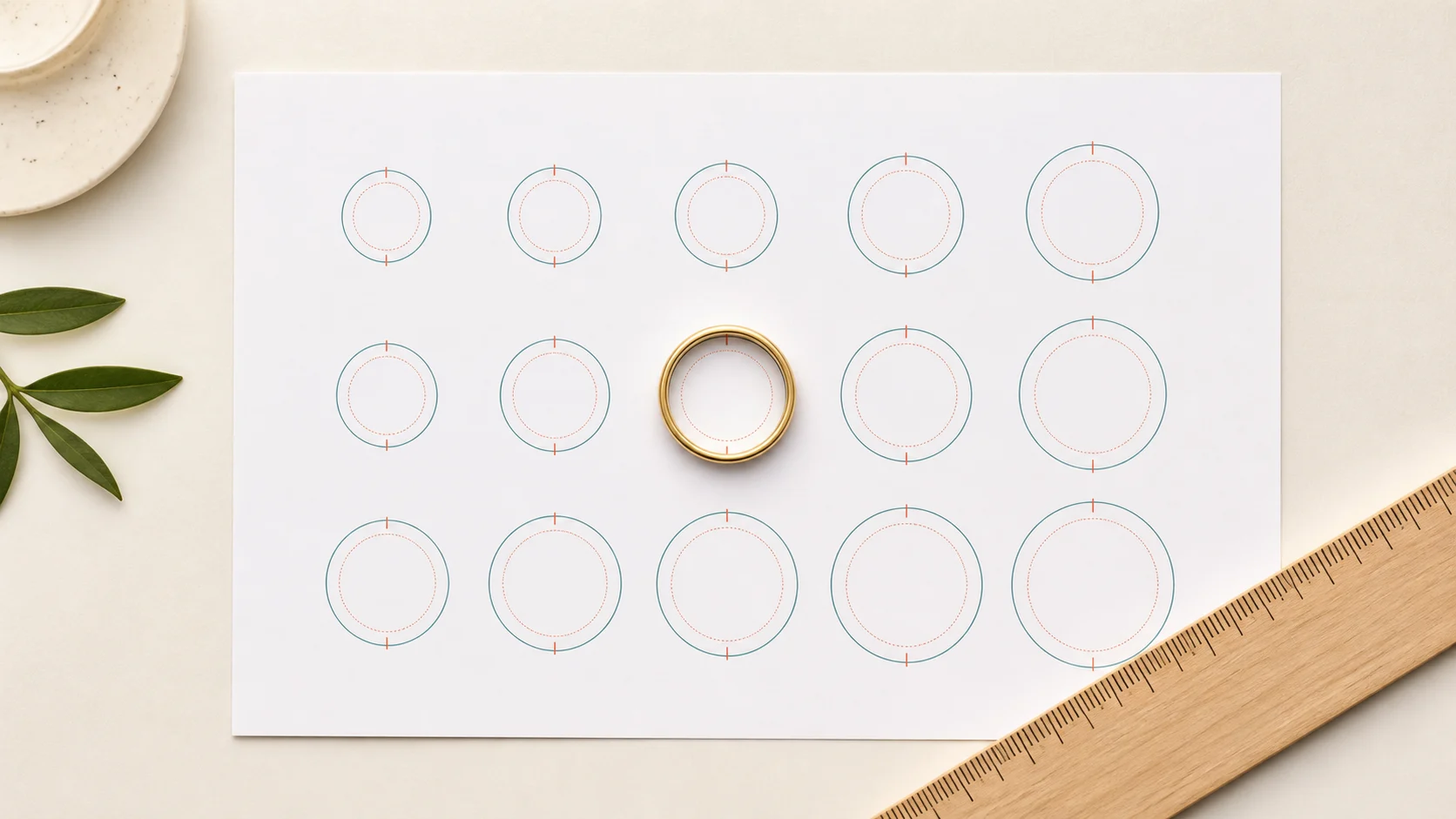 Gold ring aligned over an exact circle on a printable ring sizer beside a millimetre ruler