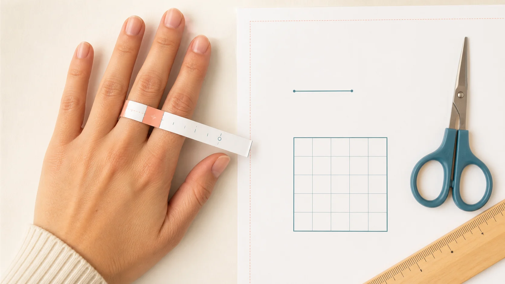 Paper ring sizing strip around a finger beside scissors, ruler and print calibration grid