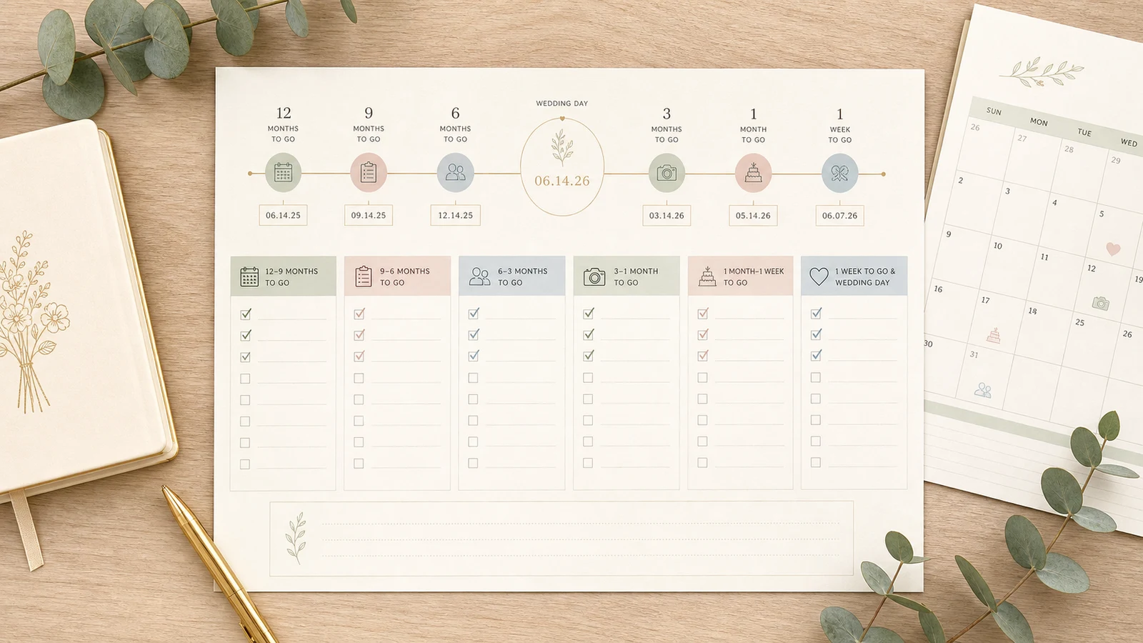 Checklist mariage à imprimer avec phases de préparation et échéances calculées