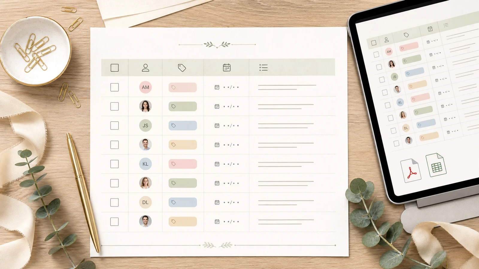 Tâches de la checklist mariage avec responsables, étiquettes budget et export PDF et CSV