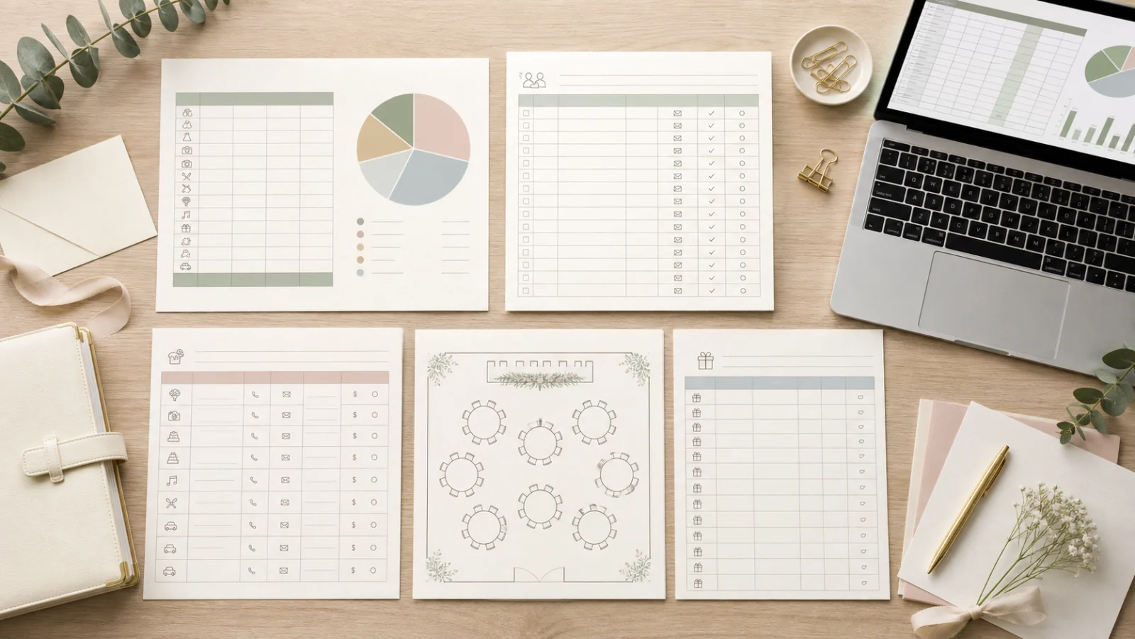 Wedding budget, guest list, vendor tracker, seating chart and spreadsheet export arranged on a desk