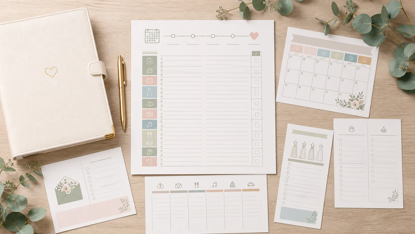 Elegant wedding planner printable with a date-based countdown checklist and calendar pages