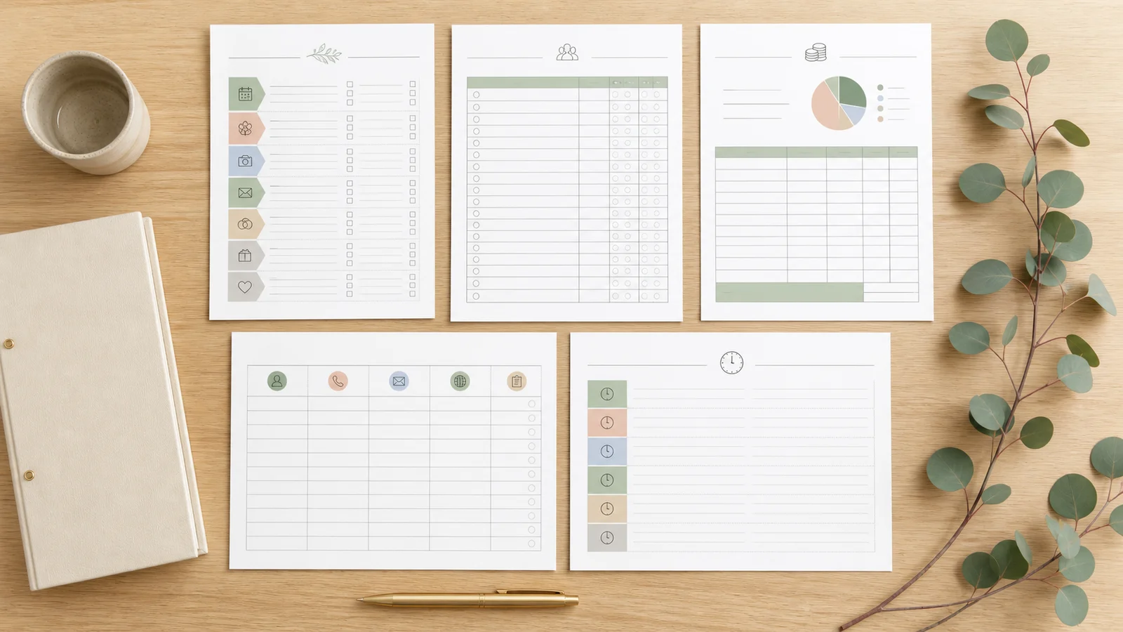 Wedding planning printables for timeline, guests, budget, vendors and day-of scheduling arranged on a desk