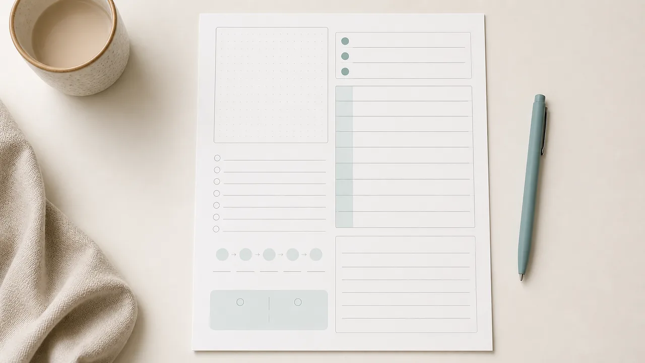 Minimal ADHD planner printable on a quiet desk with spacious blank planning sections