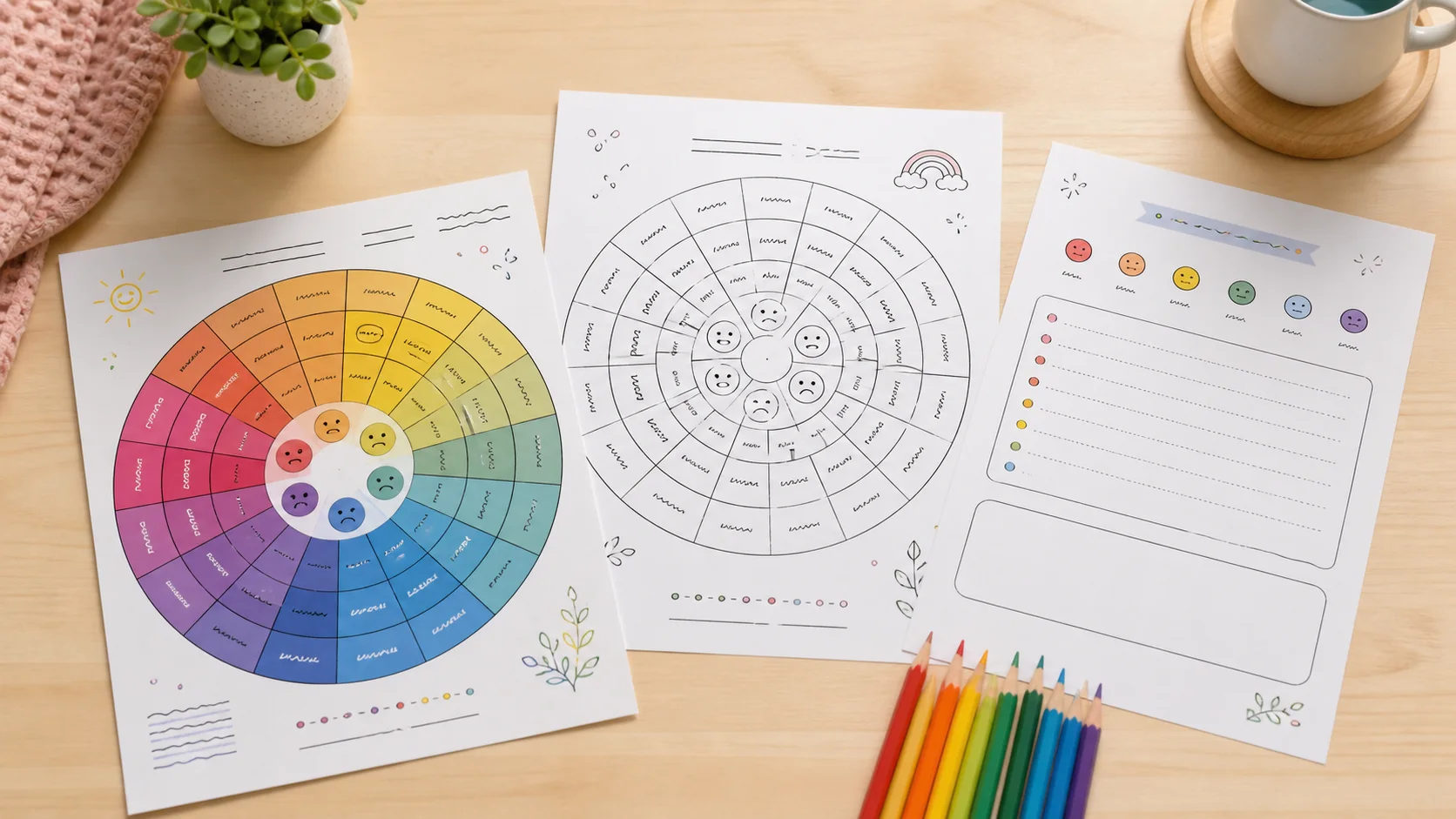 Color and black-and-white circular emotion vocabulary worksheets with a reflection page on a desk
