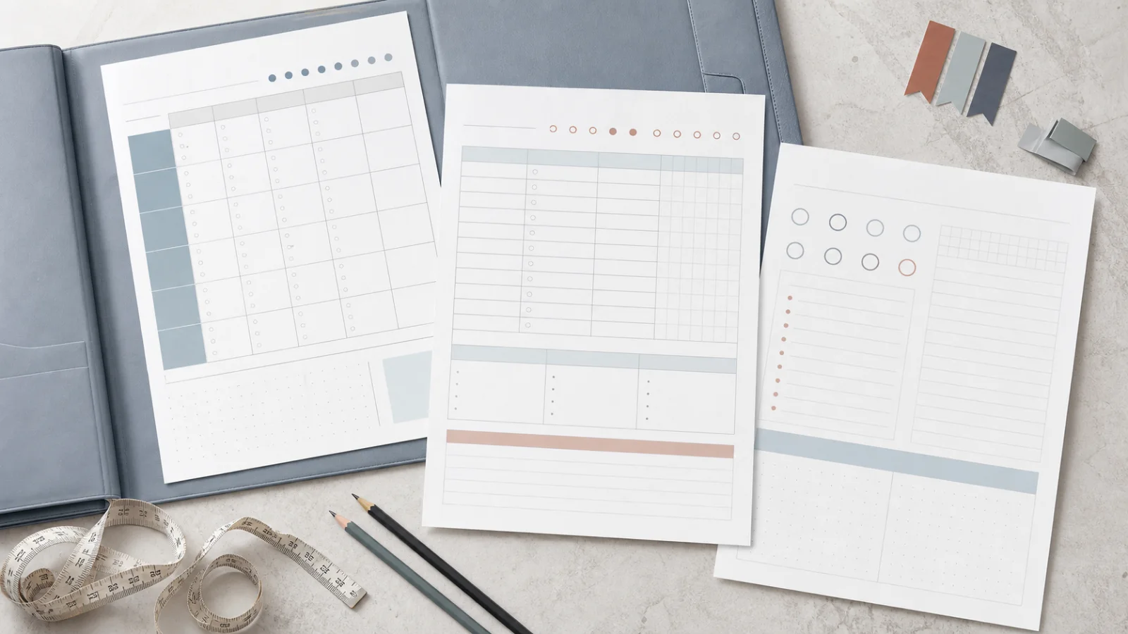 Modular fitness planner printable pages with schedule, log, measurement and reflection layouts