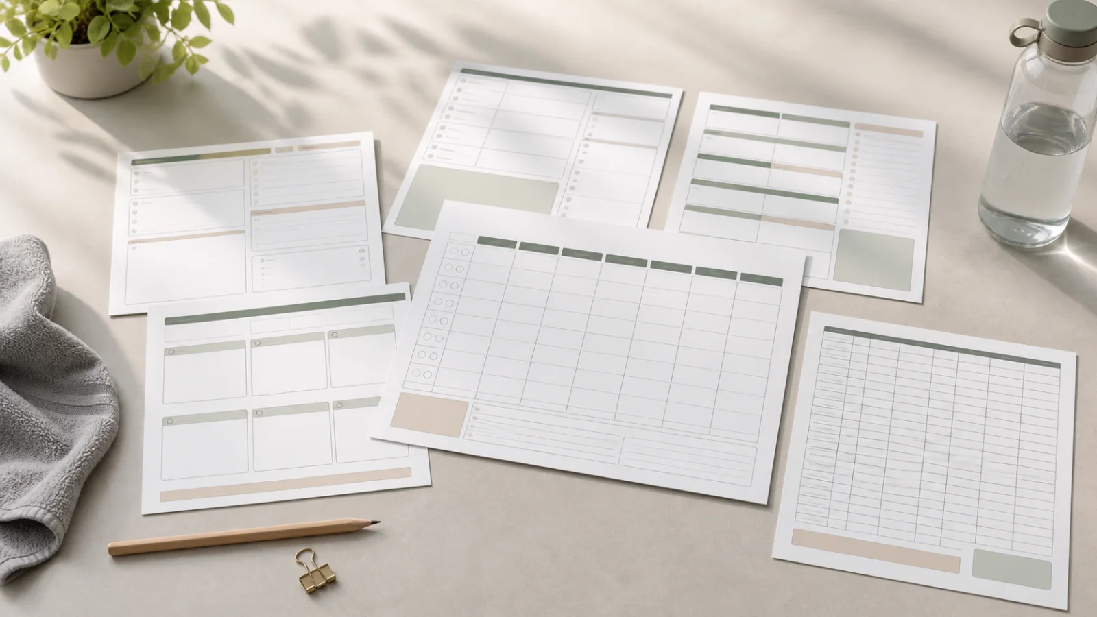 Multi-page fitness planner printable with a weekly schedule and blank activity logs on a calm desk