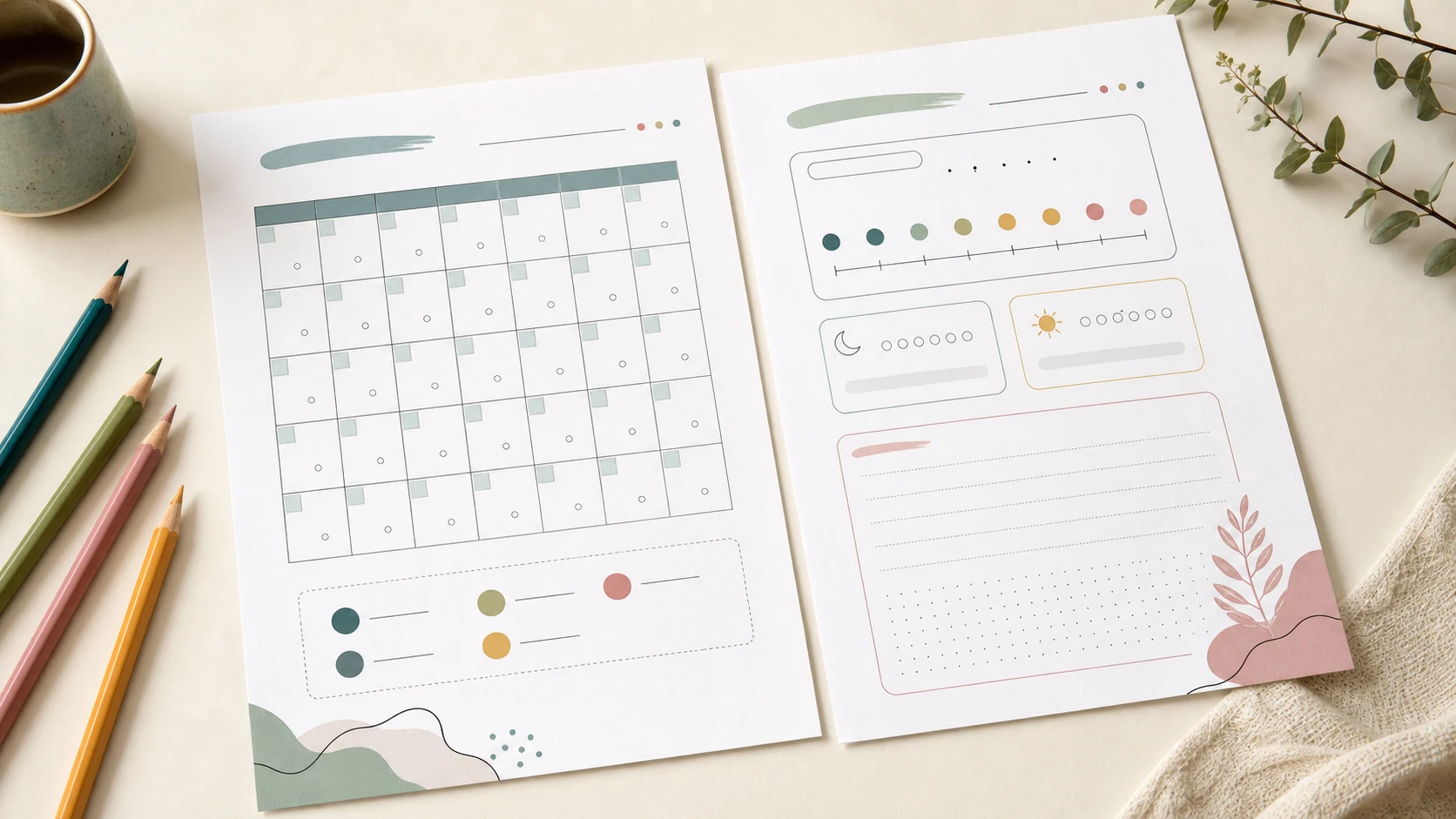 Daily and monthly mood tracker printable pages with a color key and reflection area