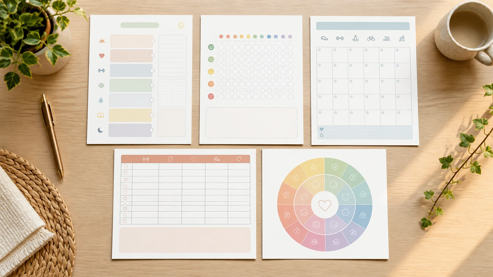Five wellness printable pages for focus, mood, fitness, workouts and emotion naming on a desk